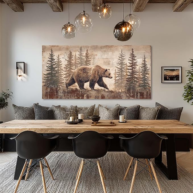 Ggaafet Brown Bear Forest Wall Art for Living Room Canvas Painting Prints Retro Wood Rustic Wildlife Art Deco Vintage Nature Artwork Office Bedroom Farmhouse Dining Room Decor Extra Large