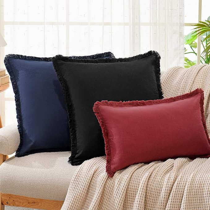 ZWJD Pillow Covers 18x18 Set of 2 Navy Throw Pillow Covers with Fringe Chic Cotton Decorative Pillows Square Cushion Covers for Sofa Couch Bed Living Room Farmhouse Boho Decor