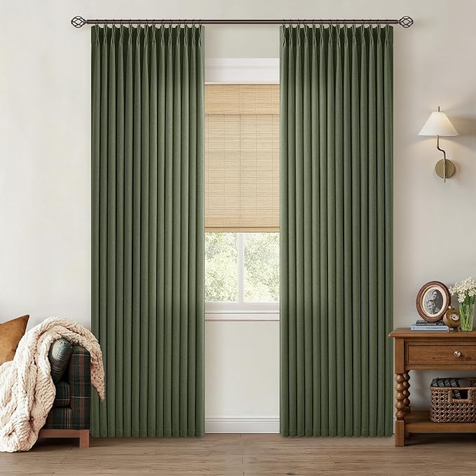 Pinch Pleat Green Curtains 86 Inch Long for Living Room Patio Sliding Door Thick Linen Pleated Drape Back Tab Hooks Rings Semi Sheer Light Filtering Olive Loden Curtain for Ceiling Floor Bedroom