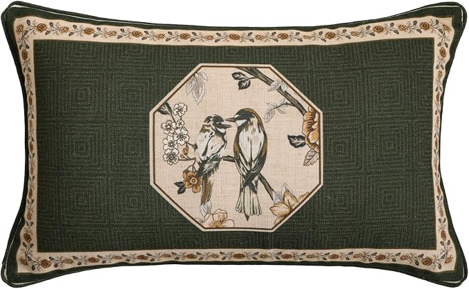 ISAENNE Vintage Elegant Linen Rectangle Throw Pillow Cover,20"x12"-Murad E | Designer French Green Pillow Cover,Concealed Zipper Design,Floral and Bird Pattern,Sofa,Bedroom,Living Room,Lounge Chairs