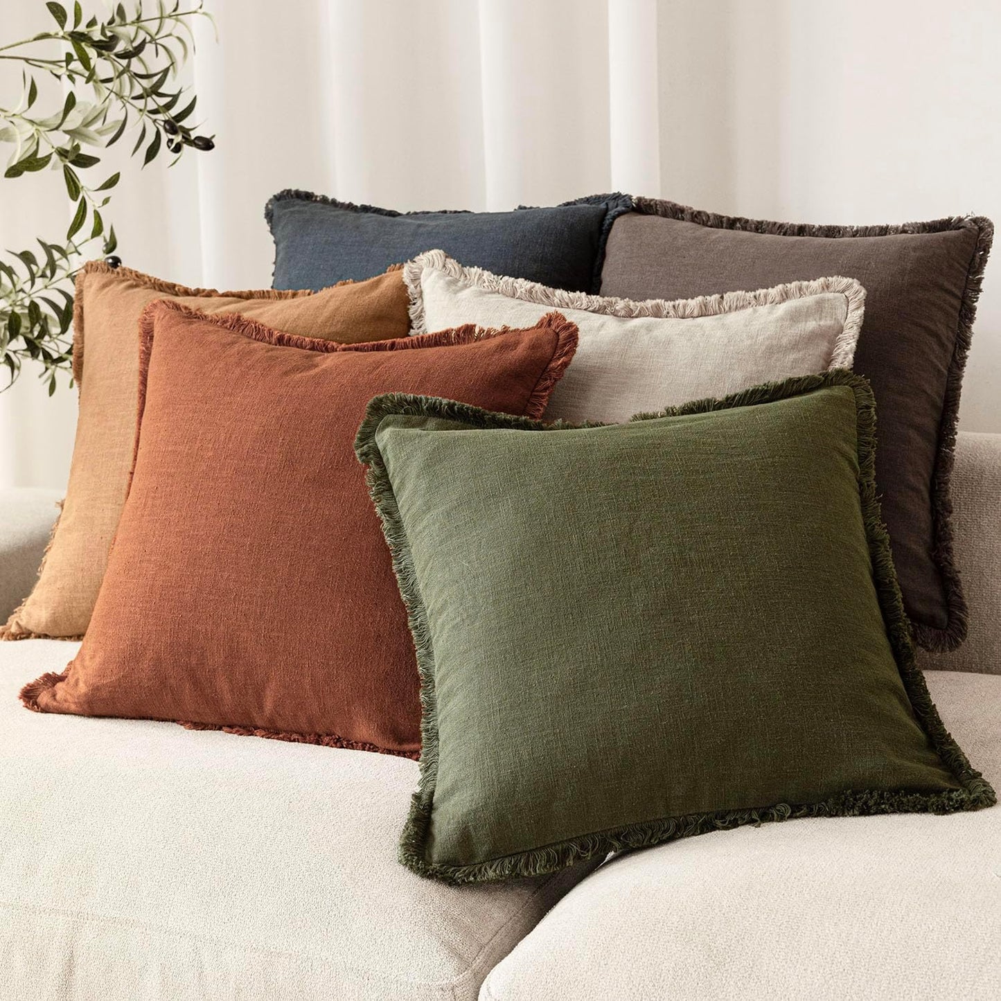 Foindtower Set of 2 Decorative Linen Fringe Throw Pillow Covers Farmhouse Cushion Cover with Tassels Soft Accent Pillowcase for Couch Chair Sofa Bed Living Room Home Decor,24×24 Inch,Fall Rust Orange