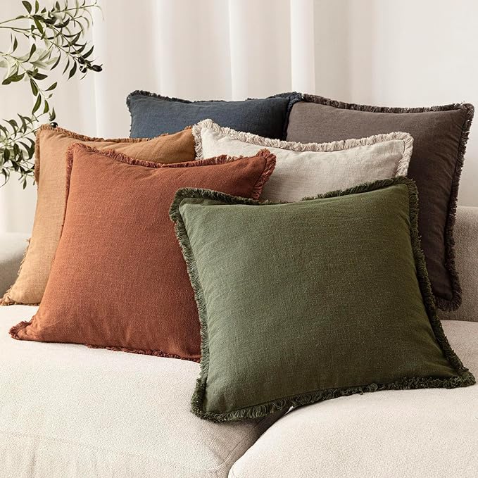 Foindtower Set of 2 Decorative Linen Fringe Throw Pillow Covers Farmhouse Cushion Cover with Tassels Soft Accent Pillowcase for Couch Chair Sofa Bed Living Room Home Decor,16×16 Inch,Fall Rust Orange
