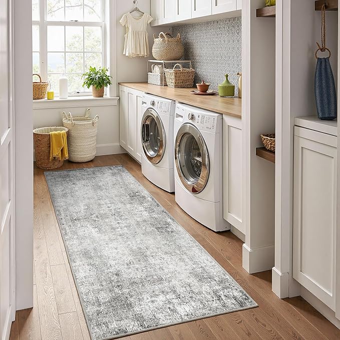 RELEANY Washable Area Rugs 2'x6' Non-Slip Modern Abstract Soft for Living Room Entryway Bedroom Nursery, Print Pattern, Gray White Grey