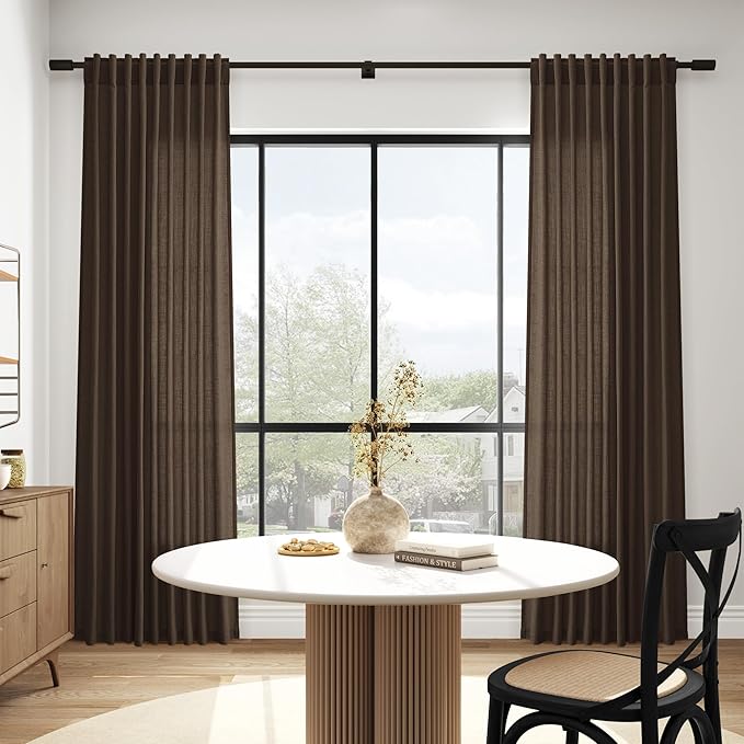 Chocolate Linen Curtains 90 Inch Long 2 Panels Set for Bedroom Living Room, Soft Linen Textured Window Drapes Semi Sheer Light Filtering Rod Pocket Back Tab Morden Style 52x90