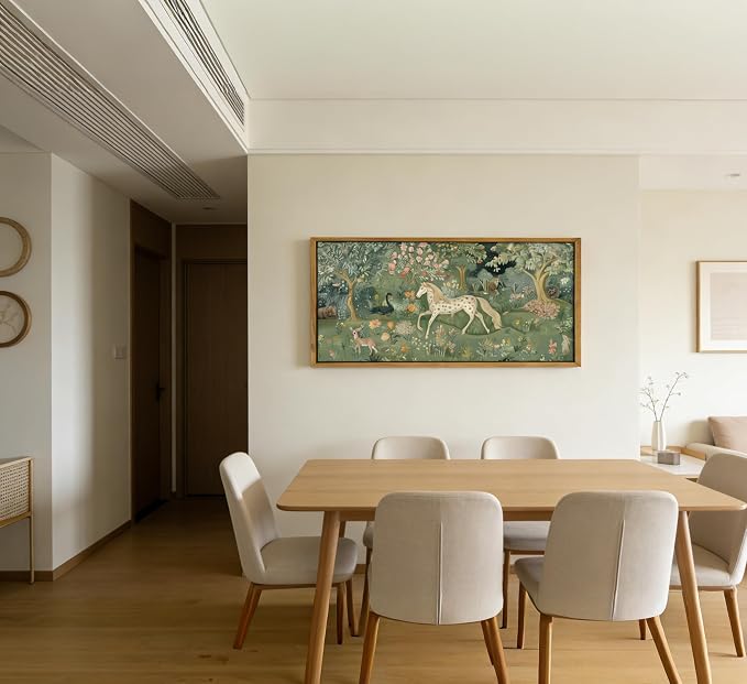 Large Wood Framed Woodland Animal Wall art,Magic Horse Bear Deer Poster Green Fantasy Forest Botanical Pictures Decor,Colorful Fairy Tale World Picture Poster,for Kids Room Bedroom Living Room