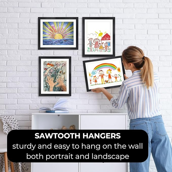 2-Pack Kids Artwork Frames Changeable 10x12.5 with Easel Stands, Hangers, Backboards, Shatterproof Plexiglass | 2 Mats Fit 9x12, 8.5x11, A4 Paper Sizes | Large and Easy-Access Kids Art Frame Display and Storage for up to 100 Sheets (White)