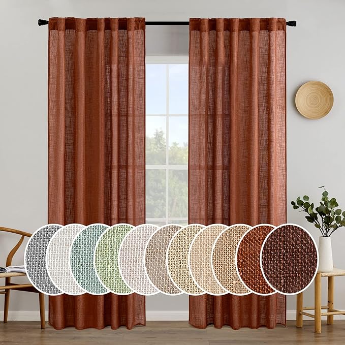 MIULEE Burnt Orange Linen Curtains for Bedroom Living Room, Soft Thick Linen Textured Window Drapes Terracotta Rust Fall Decor Semi Sheer Light Filtering Rod Pocket Back Tab, 2 Panels, 37x84 Inches