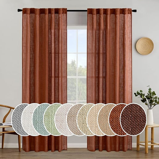 MIULEE Burnt Orange Linen Curtains for Bedroom Living Room, Soft Thick Linen Textured Window Drapes Terracotta Rust Fall Decor Semi Sheer Light Filtering Rod Pocket Back Tab, 2 Panels, 37x84 Inches