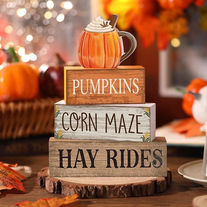 Lineshading 4 Pcs Thanksgiving Decorations for Home Thanksgiving Tiered Tray Decor Fall Cream Cups Table Decor Fall Centerpiece Rustic Cream Cups Block Sign Autumn Decorations for Home Kitchen Shelf
