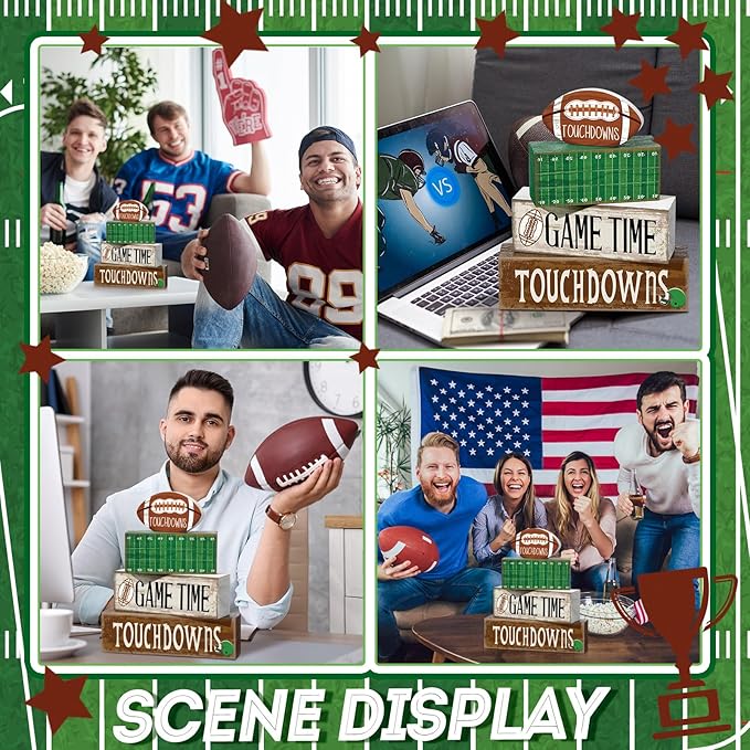 Yuntau 4 Pcs Football Table Decorations Spring Football Tiered Tray Decor Spring Wooden Sign Soccer Centerpiece Decorative Faux Book Stack Block for Coffee Table Fireplace Mantel Floating Shelf