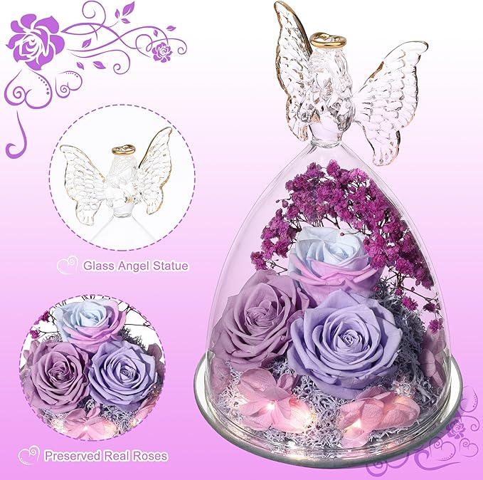 Mothers Day Rose Gifts for Women Preserved Real Flower in Glass Angel Figurines Roses for Delivery Prime Birthday Gifts for Mom Grandma Girlfriend Wife Her, Multi Purple