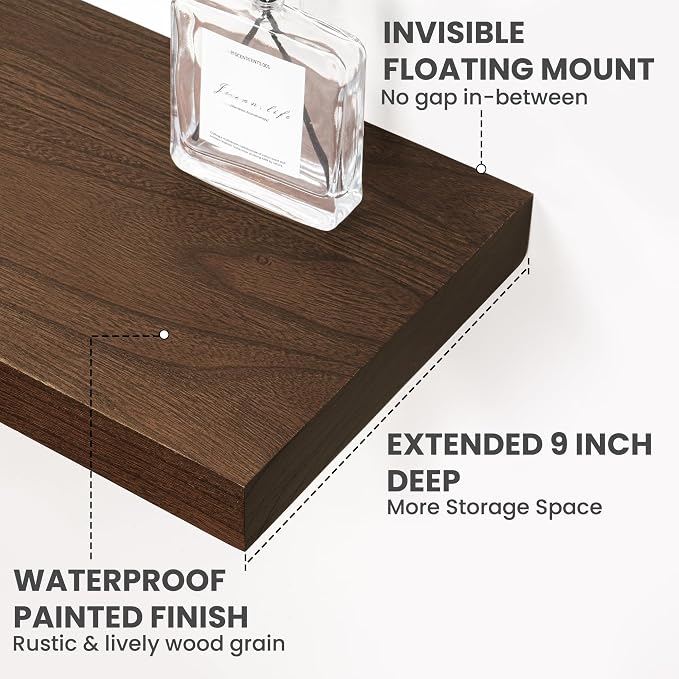 Marsmiles Solid Wood Floating Shelves for Wall, 36”W x 9”D x 1.56”H Large Wall Shelves for Living Room Bedroom Bathroom Kitchen Drcor Storage with Invisible Heavy-Duty Metal Bracket, Walnut, Set of 2
