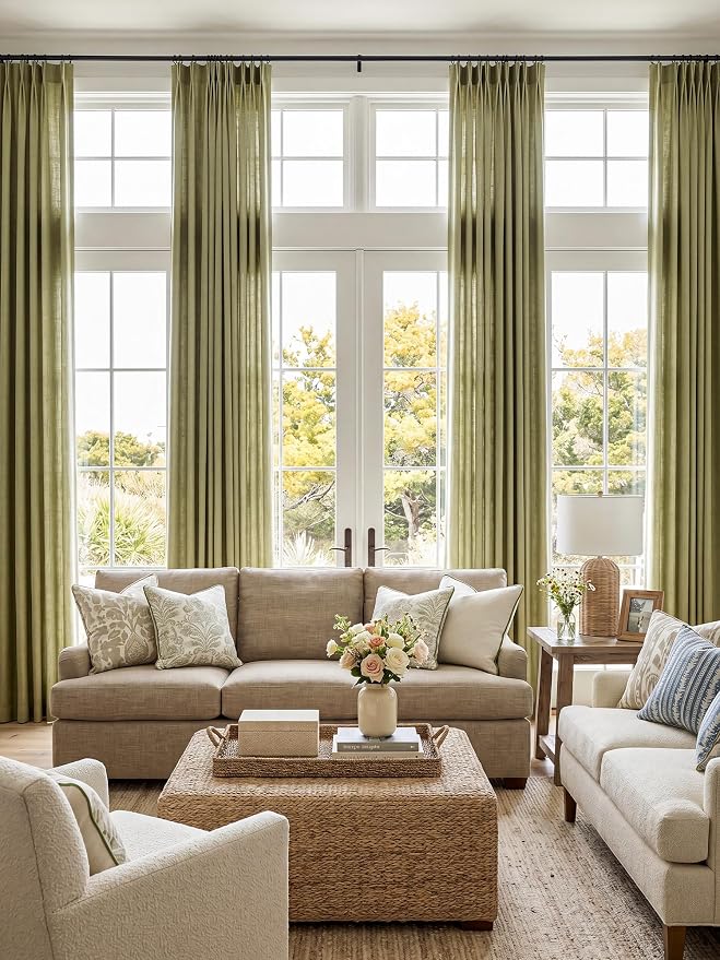 Liz Pinch Pleated Linen Curtains Light Filtering Curtains for Living Room, Farmhouse Window Curtains for Bedroom, Modern Drapes with Hooks and Rings, 102 Inches Long, Olive Green, 2 Panels Set