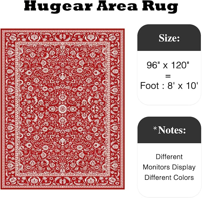 HUGEAR Vintage 8x10 Machine Washable Rugs Red Hallway Large Area Rug Indoor Accent Rug Floral Low Pile Carpet Soft Throw Aesthetic Rug Bedroom Living Room Office Dining Room Kitchen Laundry Room