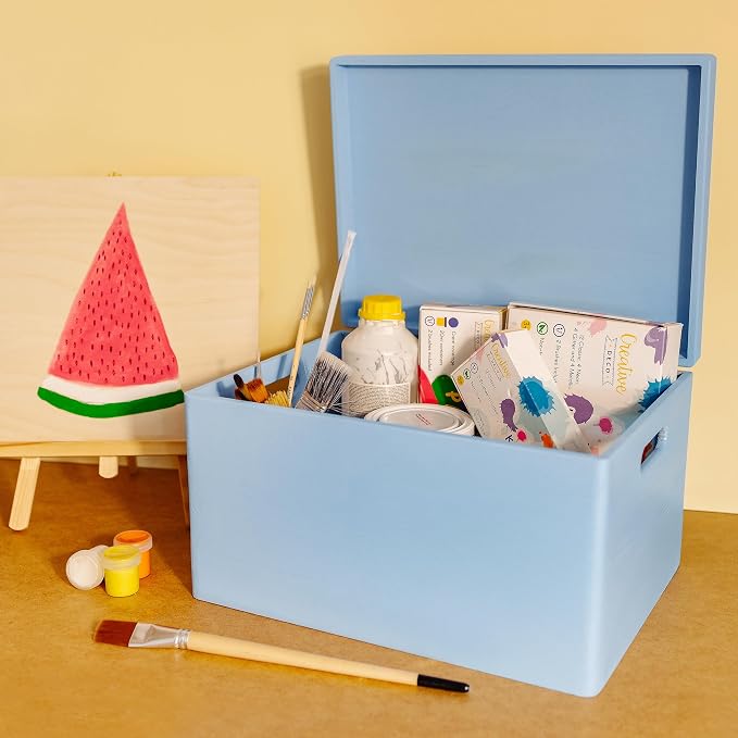 Creative Deco Large Blue Wooden Box Storage with Hinged Lid | 15.8x11.8x9.44in (+-0.5) | Keepsake Gift Box Storage Document | Wood Chest Trunk PRODUCT NOT INTENDED FOR 15 YEARS OR BELOW | Solid pine storage box with a lid for keepsakes, crafts, station...