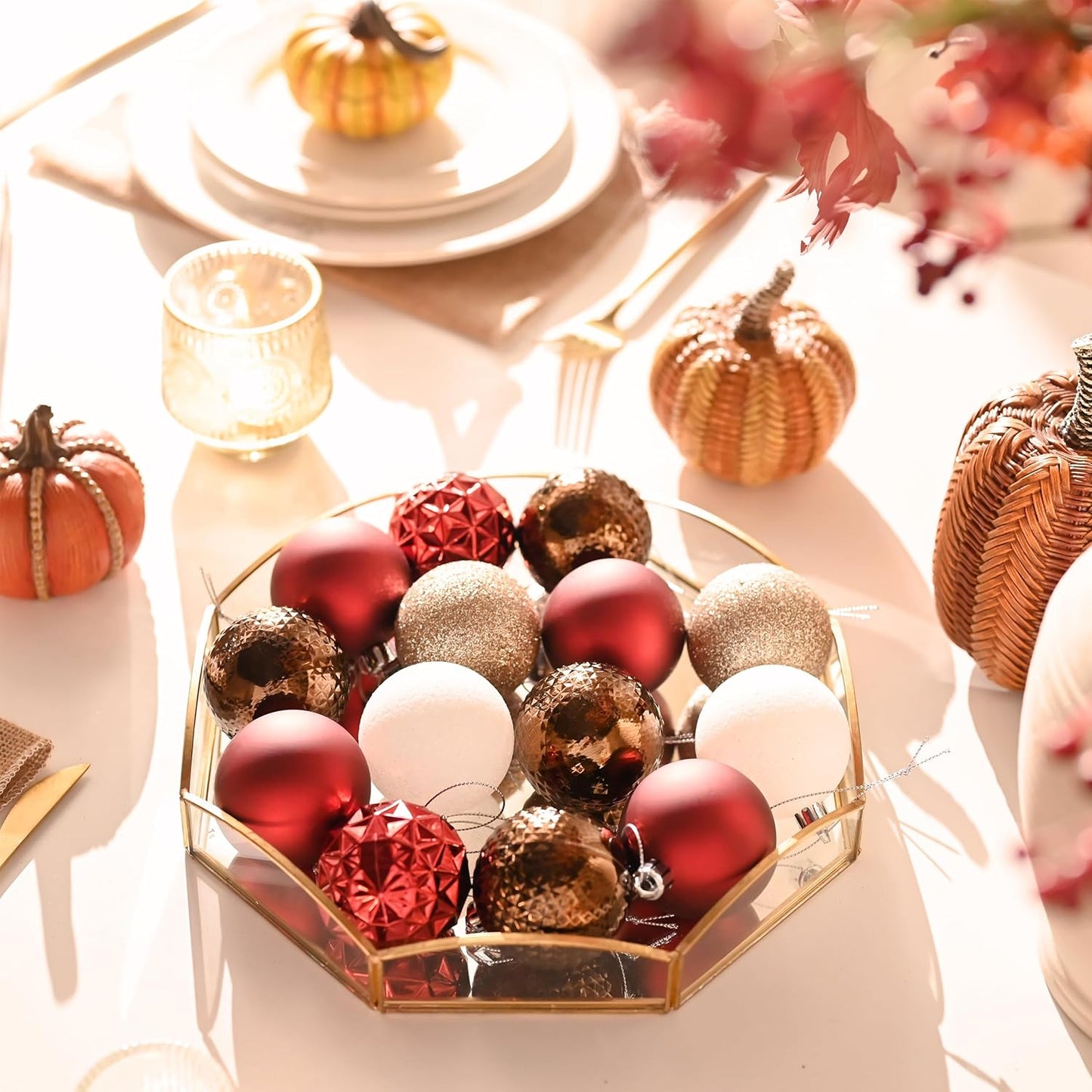 Valery Madelyn Christmas Tree Decorations Ornament Set for Fall Halloween, 50ct 2.36 Inches Red Brown White Shatterproof Christmas Ball Ornaments Hanging Xmas Holiday Party Decor