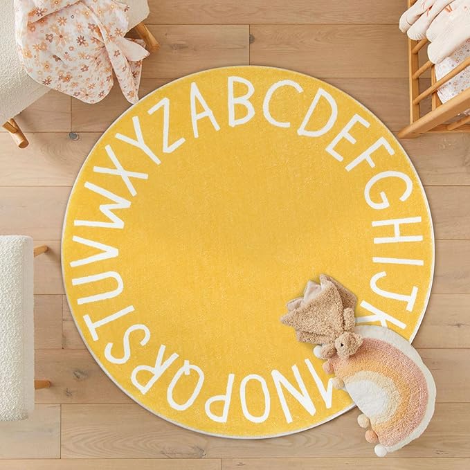 Topotdor Round Kids Play Rug Alphabet Nursery Area Rug Extra Large Soft Crawling Play Mat for Children Toddlers Bedroom (47 inch, Yellow)