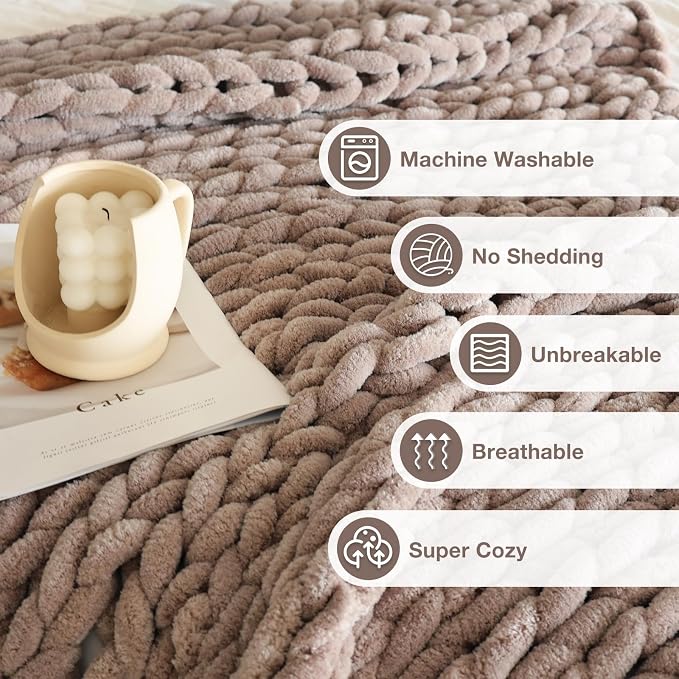 Soft Chunky Knit Blanket, 50X60 in Handmade Thick Chenille Yarn Throw Without Shedding & Raveling, Aesthetic & Cozy Home Decor with Couch Sofa Bed, Gift Pack, Choffee Brown