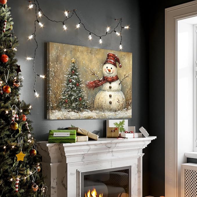 Christmas Snowman Wall Art Farmhouse Winter Snow Scene Holiday Prints Artwork for Bedroom Living Room Vintage Christmas Decor Green Pine Tree Picture Bathroom Fireplace Xmas Home Decoration 16x24"