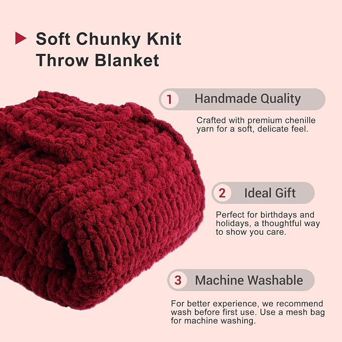 Battilo Chunky Knit Throw Blanket for Couch, Christmas, 50"x60", Dark Red | Hand Knit, Gift Blanket, Cozy Warm Thick Soft Chenille Throw Blanket for Bed, Sofa, Chair, Living Room