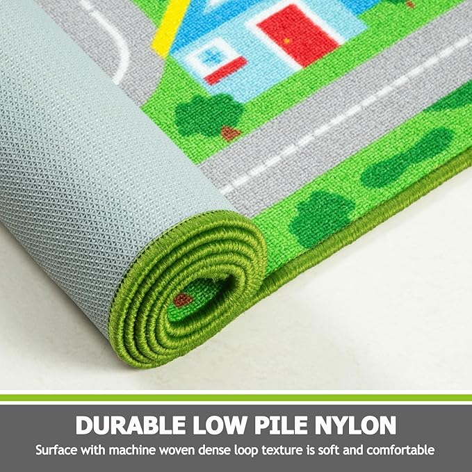 Capslpad Green Car Road Kid Rug Carpet Playmat for Playoom Traffic Road Kids Play Mat for Toddler Non Slip Washable City Map Race Track Carpet Rug for Kids Room Bedroom Nursery Room Decor,5.2'x3.3'