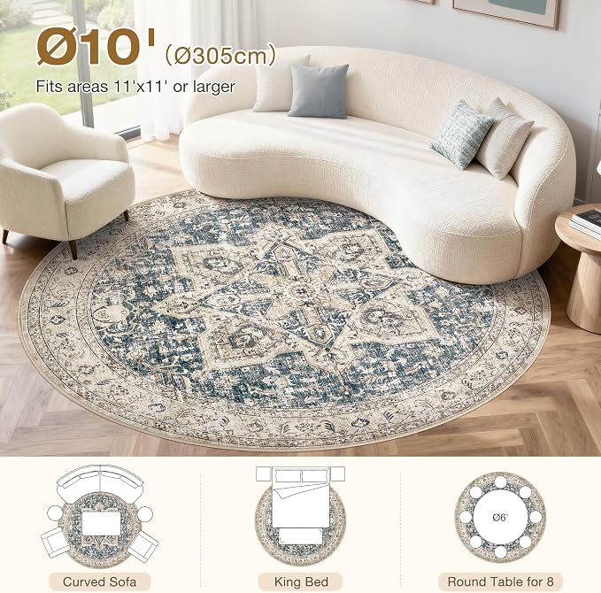 Tortania 10' Round Area Rug Living Room Rugs - Washable Boho Rug Vintage Oriental Distressed Farmhouse Large Thin Indoor Carpet for Bedroom Under Dining Table Home Office - Cream/Blue