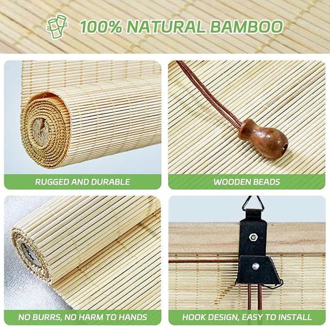 Bamboo Window Blinds, Roll Up Bamboo Blinds for Indoor Windows 30Wx72L Light Filtering UV Protection Natural Bamboo Shades, Easy to Install for Home&Office