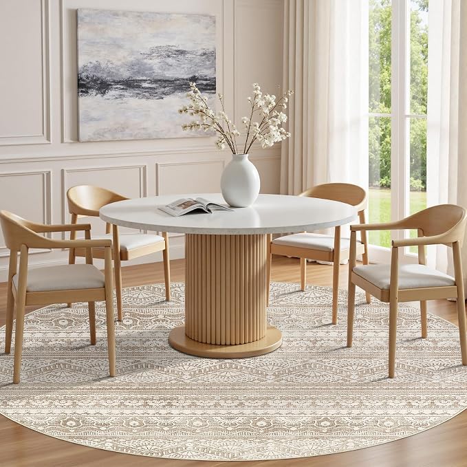 Tortania 8' Round Area Rug Living Room Rugs - Washable Large Soft Neutral Boho Moroccan Bohemian Farmhouse Rug Indoor Floor Carpet for Bedroom Under Dining Table Home Office Decor - Light Brown