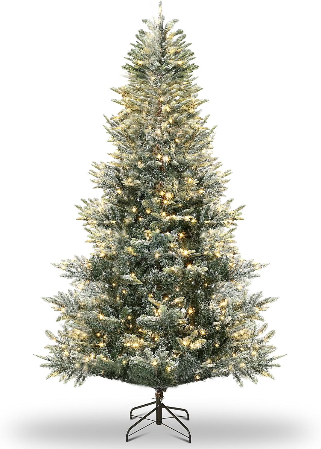 6.5ft Pre-lit Artificial Christmas Tree with Incandescent Warm White Lights, Snow Flocked Full Prelighted Xmas Tree Automatic Branch Tips, UL Listed Lights & Foldable Stand, Green & White