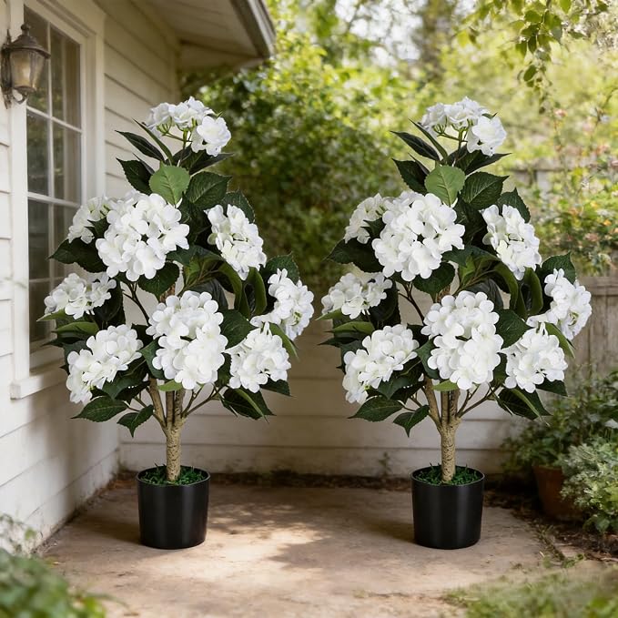 Faux Hydrangea Tree 3ft Set of 2,Artificial Hydrangea Bush UV Resistant,Fake Hydrangea with White Flowers in Pot,Artificial Plants for Outdoor Indoor Front Porch Patio Office Decor