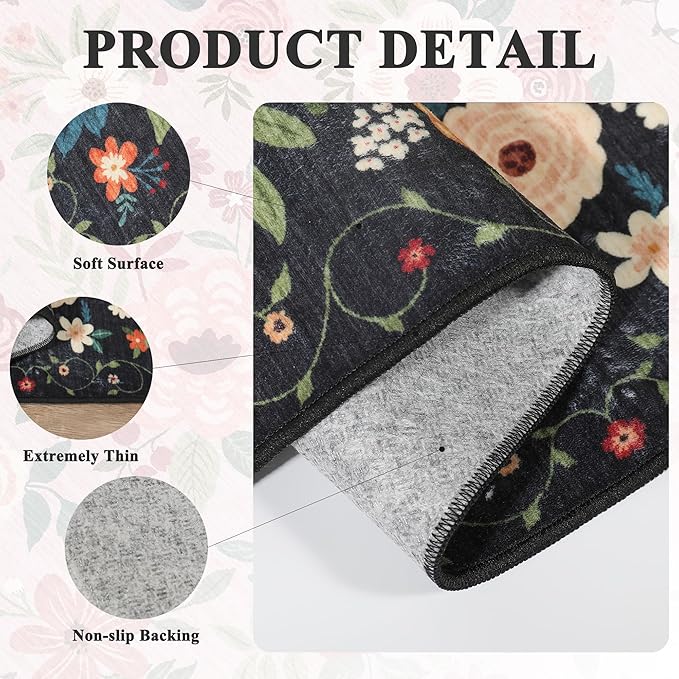 DUKINO Floral Round Rug, 6ft Washable Circle Rug, Non Slip Indoor Low Pile Circle Rug, Soft Small Boho Design Carpet for Bedroom, Entryway, Living Room, Dining Room, Black