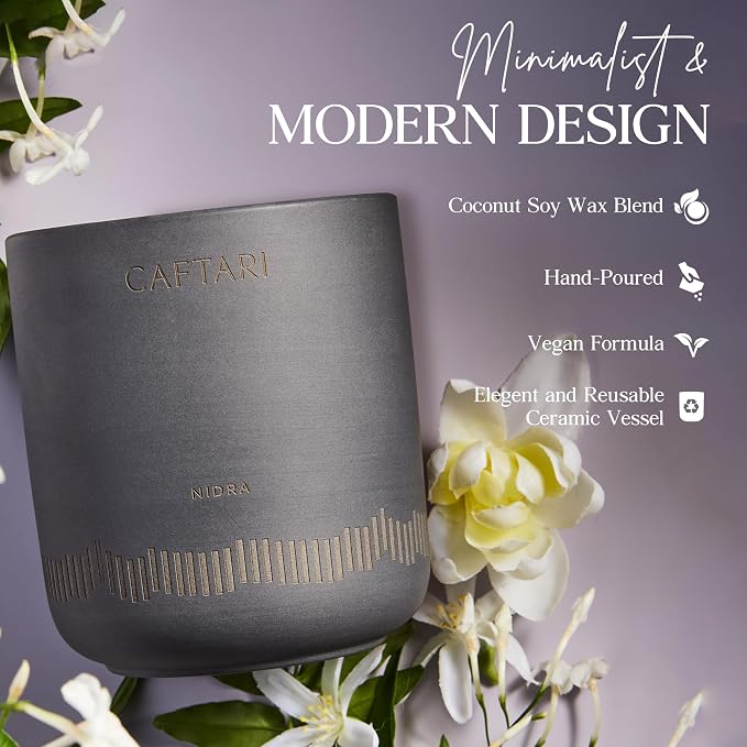CAFTARI Nidra Scented Candle for Women & Men | Jasmine, Tuberose & Neroli | Non Toxic Candle | Premium Soy Coconut Wax Blend | Vegan Aromatherapy | Elegant Ceramic Jar | Luxury Gift | 10.5 oz