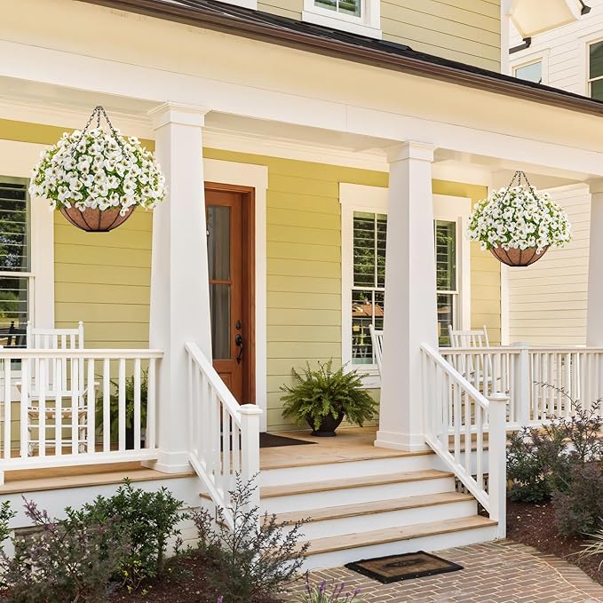 Artificial Hanging Flowers with Baskets for Outdoors, Fake Silk Pansy Flowers UV Resistant Faux Hanging Plants for Front Porch Patio Yard Home Spring Summer Decoration, White