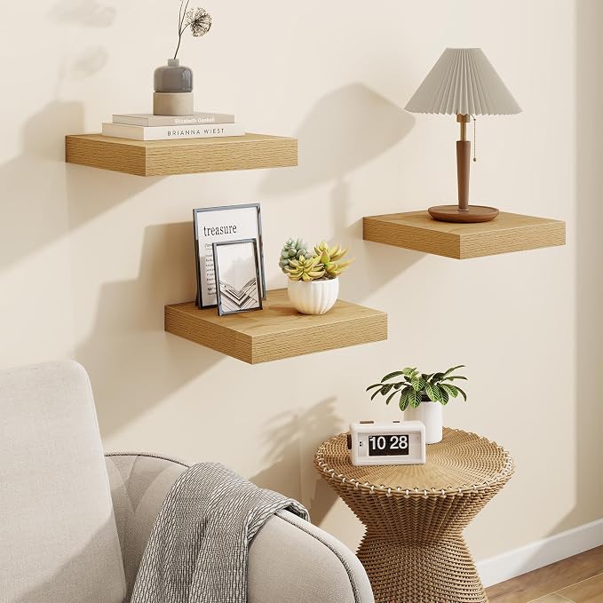 Marsmiles Square Floating Shelves for Wall, 10" W x 10" D x 1.25" H, 3 Packs Small Wall Mounted Engineered Wood Shelves with Invisible Brackets for Living Room, Bedroom, Bathroom, Kitchen Decor, Oak