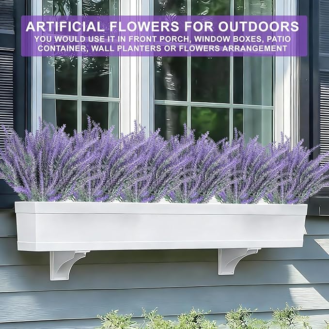 TURNMEON 20 Bundles Artificial Lavender Flowers for Outdoors Summer Decor,UV Resistant No Fade Fake Plants Plastic Faux Plants for Home Window Box Planter Porch Garden Home Cemetery Decor(Gray Purple)
