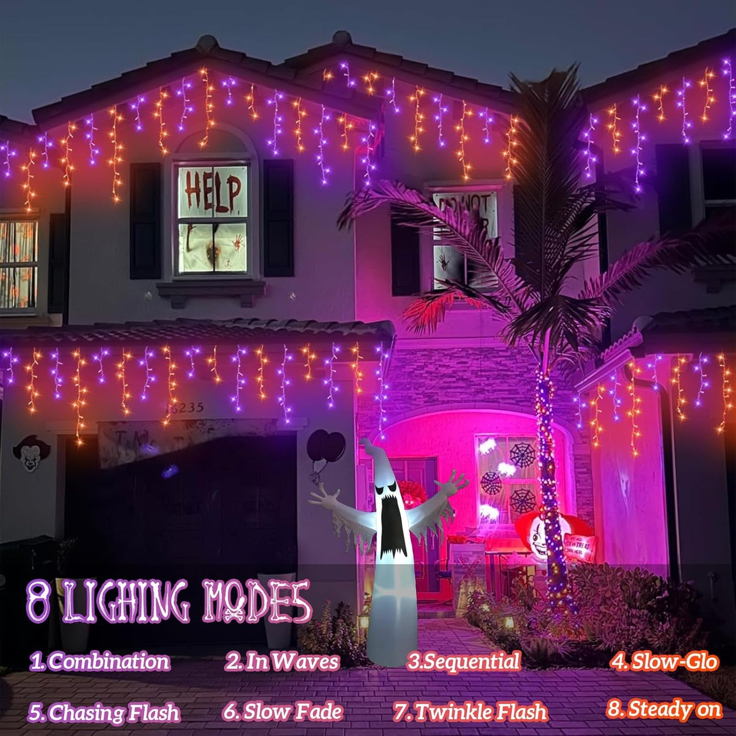 YEGUO 66ft 800 LED Orange and Purple Icicle Halloween Lights, 160 Drops Icicle Lights Connectable, 8 Modes Icicle Christmas Light with Memory Timer