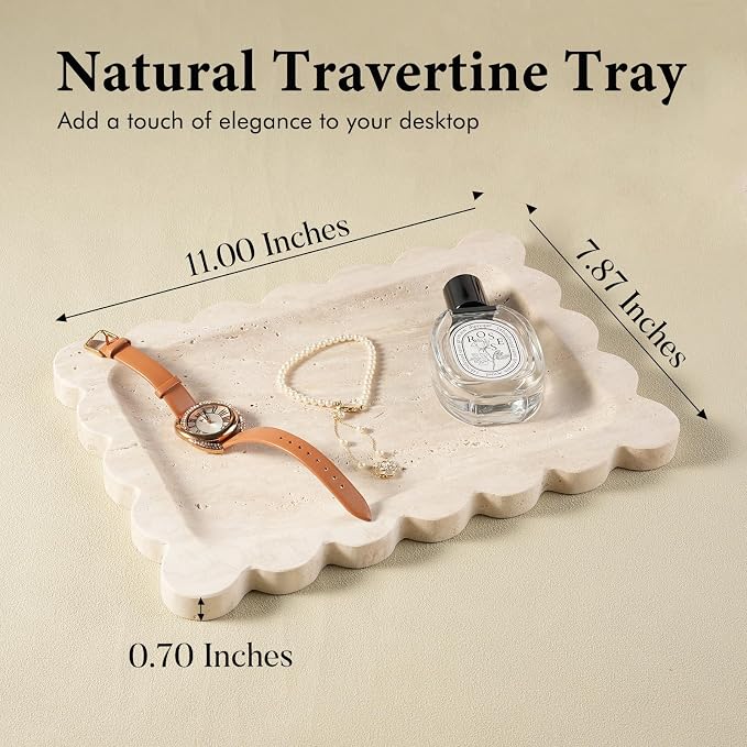 Koville Scalloped Marble Tray, 11"x8" Natural Marble Vanity Tray for Countertop Bathroom Kitchen Dresser, Natural Stone Tray for Jewelry Perfume Home Decor, Decorative Catchall Trays