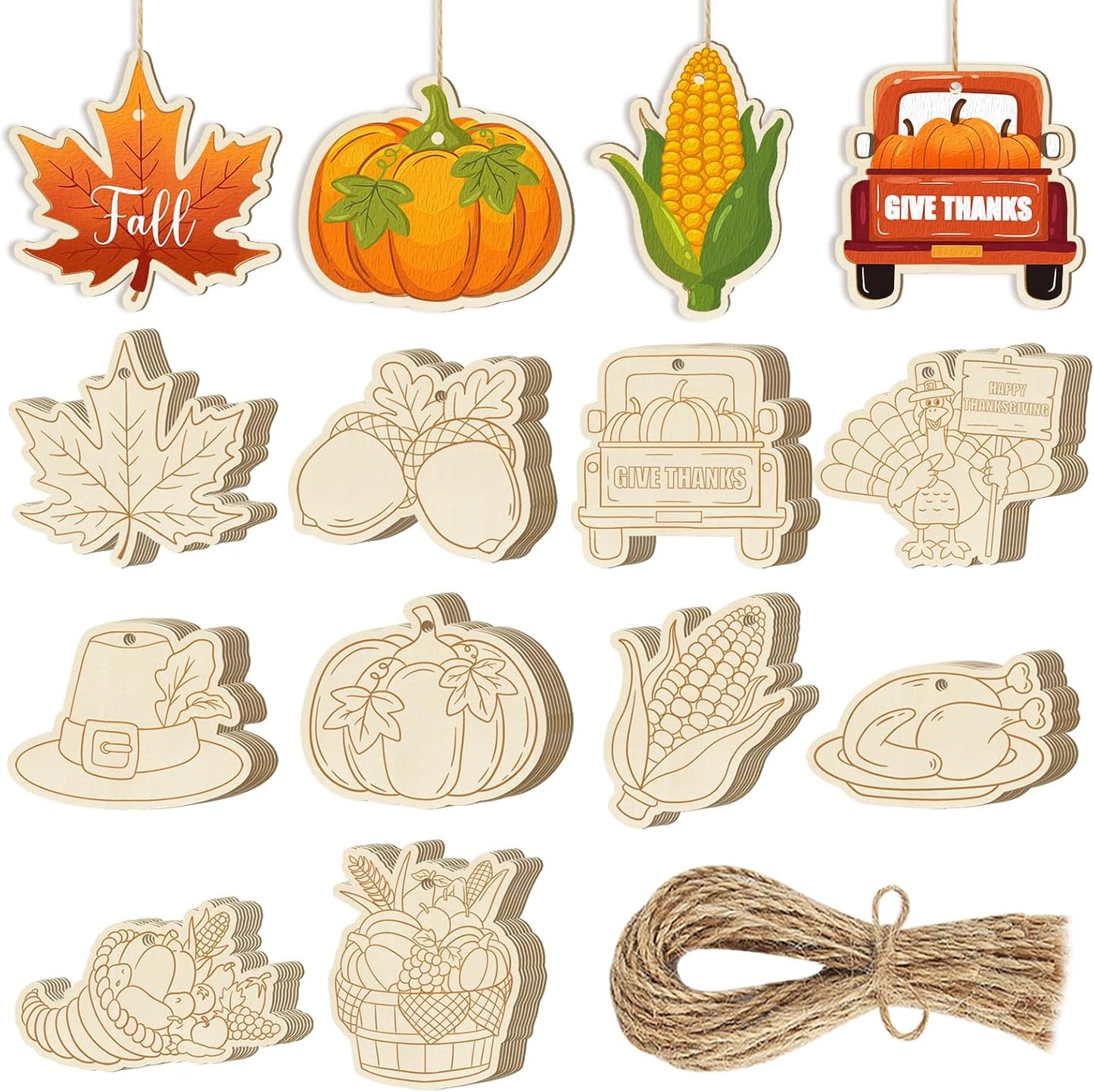 80PCS Wooden Thanksgiving Decoration Turkey Ornaments to Paint Happy Thanksgiving Cutouts Unfinished, DIY Blank Fall Unfinished Maple Leaf Corn Truck Pumpkin Ornament for Home Crafts Hanging