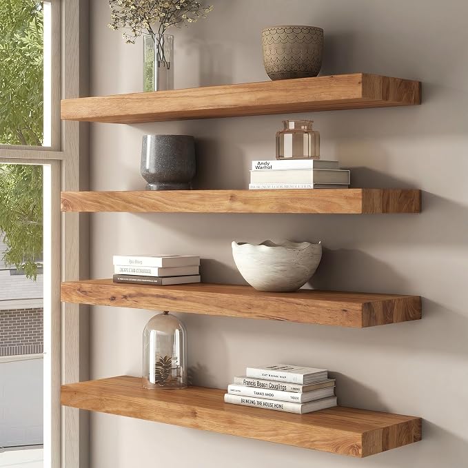 FLYJOE Floating Shelves for Wall, USA-Sourced Elm Wood 24 Inch Wall Shelves Set of 2, Natural Wooden Mounted Picture Ledge Shelf, Nursery Book Storage Shelf Kids Bookshelf Display, Shelf for Bathroom