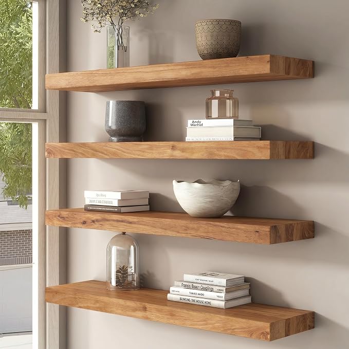 FLYJOE Floating Shelves for Wall, USA-Sourced Elm Wood 30 Inch Wall Shelves Set of 2, Natural Wooden Mounted Picture Ledge Shelf, Nursery Book Storage Shelf Kids Bookshelf Display, Shelf for Bathroom