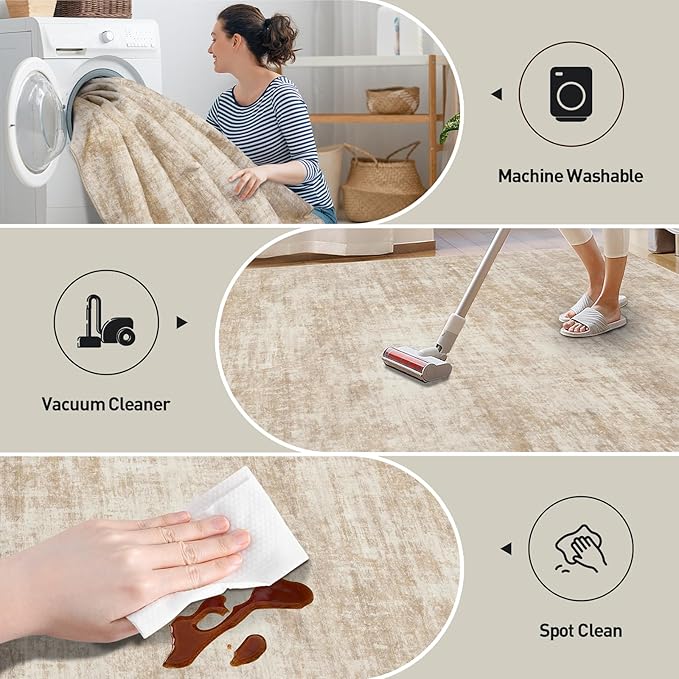 5x7 Area Rugs Washable Rug: Modern Abstract Living Room Rug Soft Anti-Skid Thin Carpet Indoor Floor Non-Shedding Carpets for Bedroom Dining Room Farmhouse Nursery Home Office - Beige