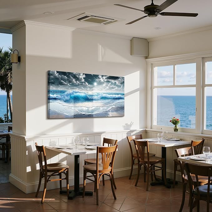 imjiayu Large Ocean Canvas Wall Art, Realistic Wave Seascape Painting, Coastal Beach Sunburst Wall Decor for Living Room Bedroom Office Home Decor, 24" x 48"
