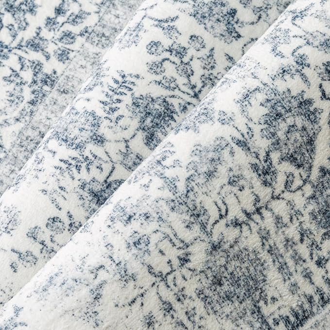 PureCozy Navy Blue Area Rug 8x10 Machine Washable Large Vintage Living Room Distressed Non Slip Carpet Traditional Indoor Bedroom Retro Floral Accent Throw Rug for Office Kitchen Dining Room