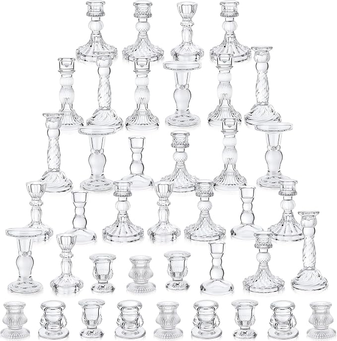 Mumufy 40 Pcs Glass Crystal Taper Candle Holders Clear Glass Candlestick Holder Fit 0.8 Inch Candles Crystal Decorative Candle Stand Centerpiece Table Wedding Dining Party (Classic,Clear)