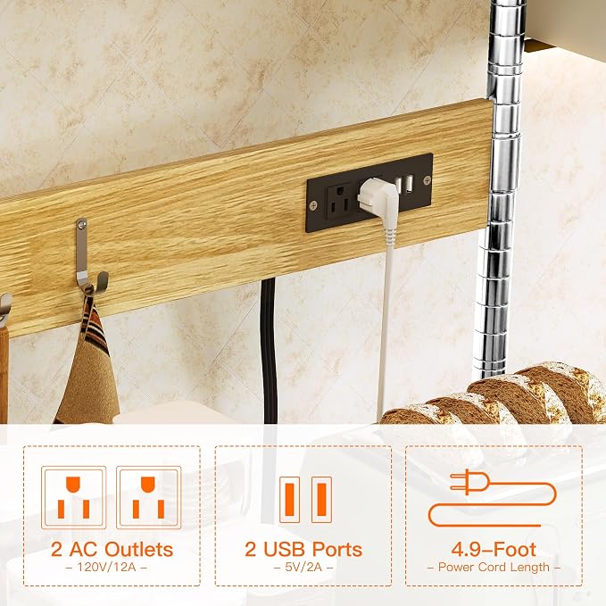 Bakers Rack with Power Outlet & Storage, 33 Inch Microwave Stand Kitchen Shelf Storage Rack, Coffee Bar Cart with Wheels & Hooks, 4-Tier Metal Kitchen Shelves Cart, Chrome