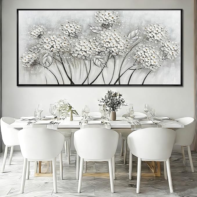 Kureful Grey and White Hand Painted Wall Art Flower Canvas Artwork Contemporary Oil Paintings 40"x86" Decorations for Bedroom Office