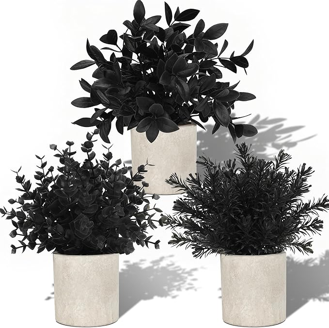 Der Rose 3 Pack Black Fake Plants Artificial Plants Plastic Eucalyptus for Bathroom Home Office Desk Farmhouse Room Table Black Christmas Decorations Gothic Decor Indoor