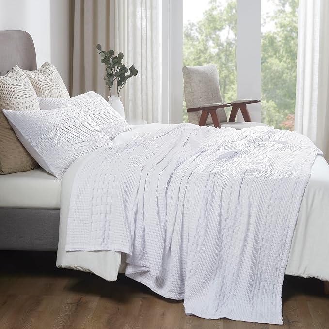 VHC Brands 100% Cotton Waffle Weave King Blanket 108"x90", Decorative Lightweight Spring and Summer Throw Blanket, Bedroom Decor for Bed, Couch, or Sofa, White