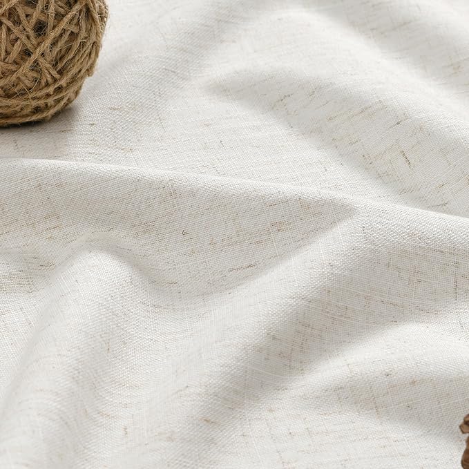 Beige White 100% Blackout Linen Curtains 63 Inch Length 2 Panels Set for Living Room Bedroom Back Tab Thermal Insulated Black Out Drapes Room Darkening Farmhouse Style for Bedroom Window Curtains