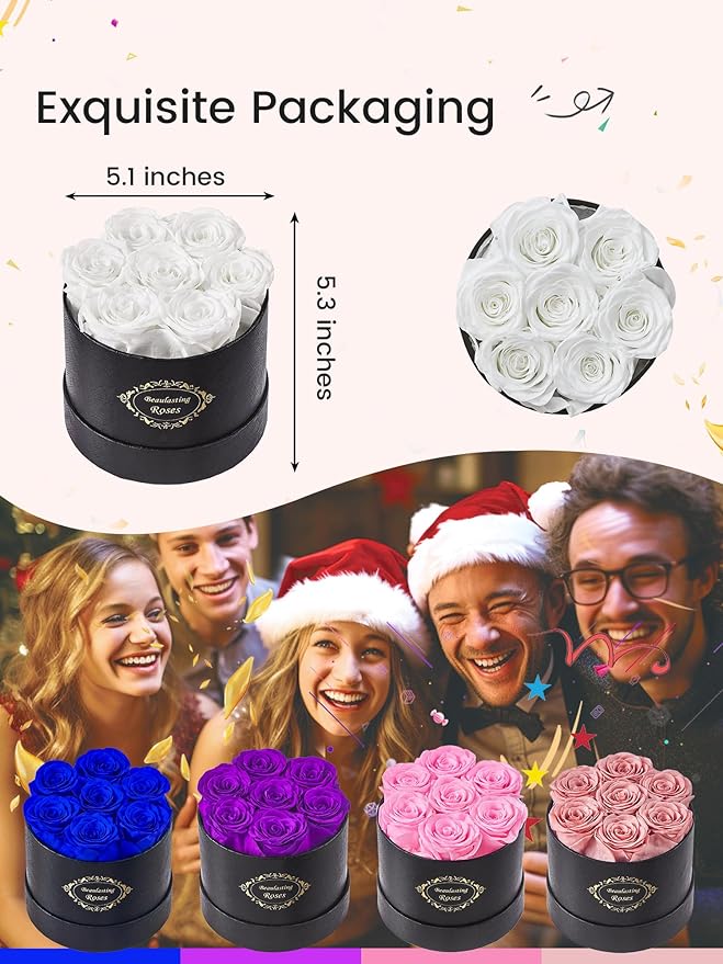 Beaulasting Long Lasting Preserved Roses in a Box Last a Year Forever Flowers for Her Mom Wife Anniversary Birthday (Round Black Box, White)
